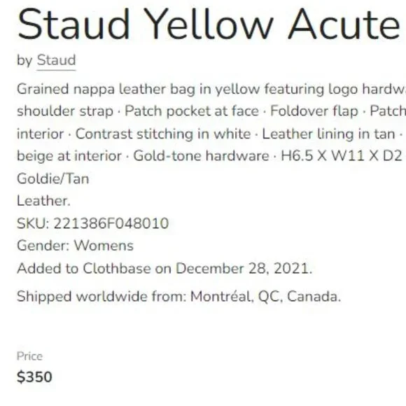 Iconic STAUD "Acute" Napa Leather Shoulder Bag in Goldie/Tan, NWT - Picture 13 of 13